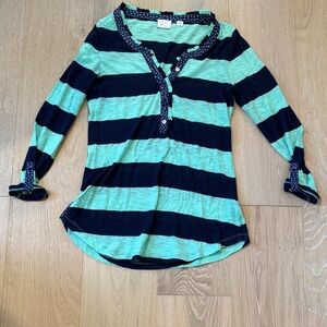 Anthropologie Mint Green and Navy Polka Dot Trim Women’s 3/4 Sleeve Top size xs